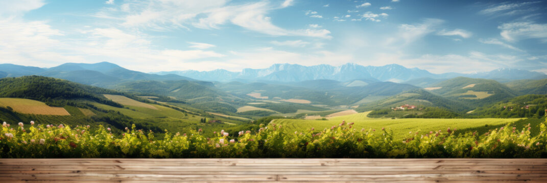 Vineyard Bliss: Empty Wood Table with Winery Landscape. Generative AI.