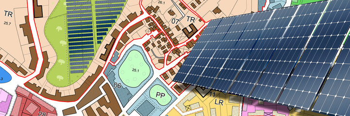 Installation of photovoltaic park on land and urban planning - concept with imaginary Cadastral and...