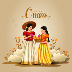 happy Onam celebration with abstract vector illustration design of Kerala girls with basket flower