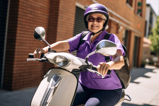 Elderly  Woman Is A Food Delivery Man. Delivery Woman Driving Scooter.