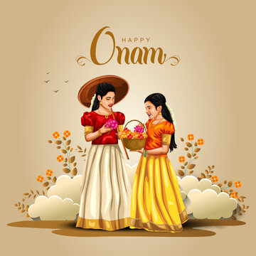 happy Onam celebration with abstract vector illustration design of Kerala girls with basket flower