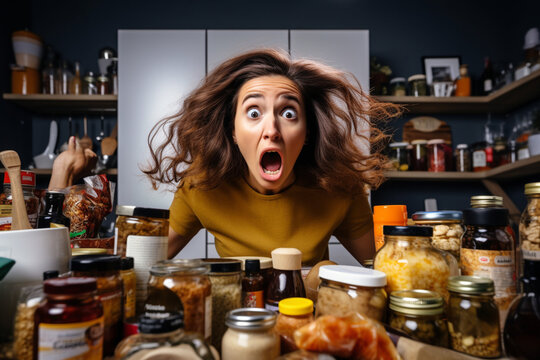 A young woman in the kitchen is horrified and hysterical from the amount of food for cooking dinner.