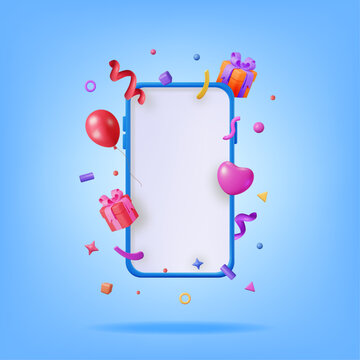 3D Party Confetti on Mobile Phone. Render Plasticine Confetti on Smartphone. Colorful Firecracker Elements in Various Shapes. Party Holyday Surprise or Birthday Events. Vector Illustration