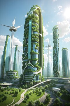 Green city in the future with sustainable transportation and eco-friendly buildings