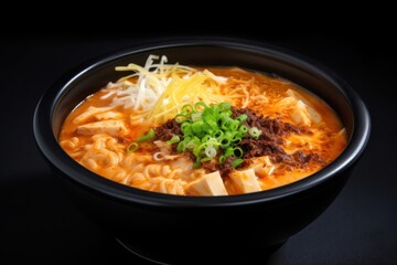 Hot kimchi soup with shredded cheese and shamrock in a black bowl generative ai