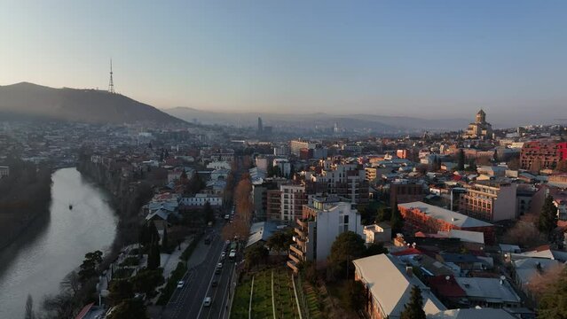 Morning cityscape of Tbilisi city. Georgia 2024 winter