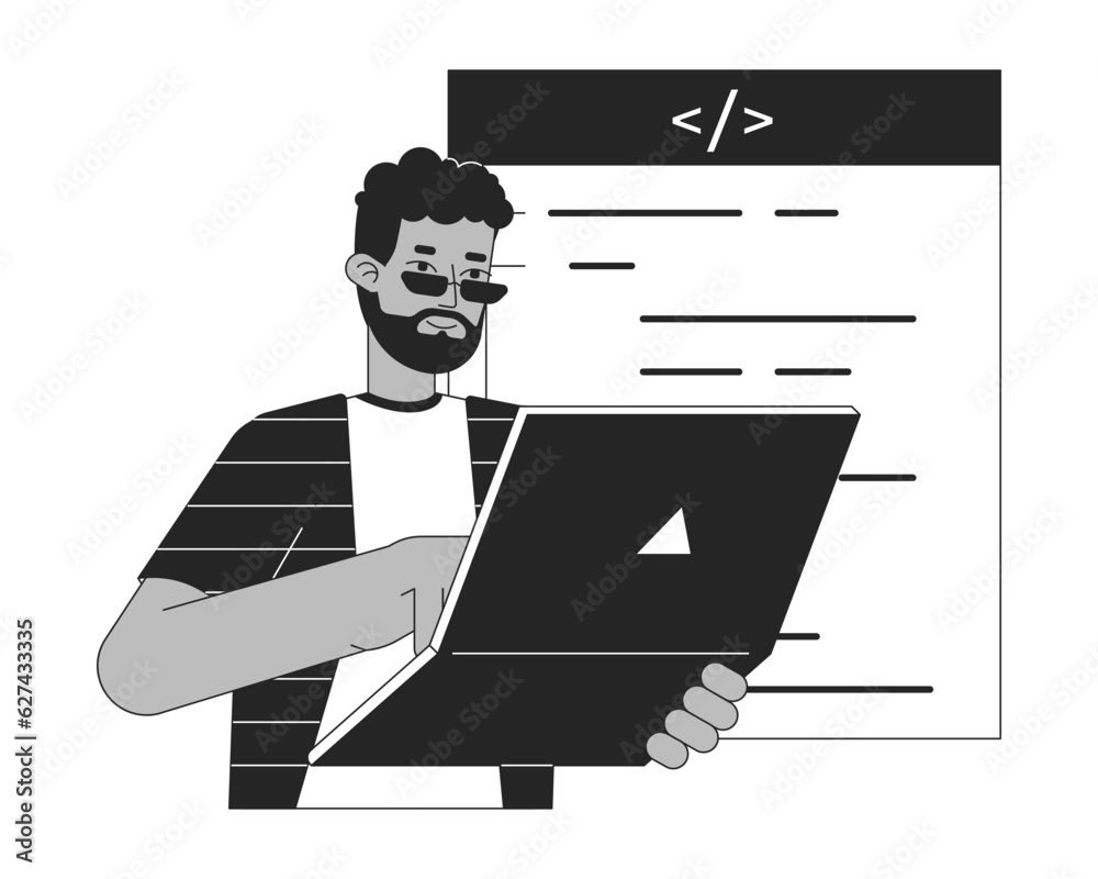 Poster happy man with laptop bw concept vector spot illustration. programmer coding 2d cartoon flat line mo