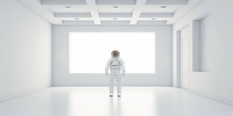 AI Generated. AI Generative. Astronaut in white empty room. Minimal space adventures suit view. Graphic Art