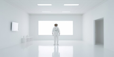 AI Generated. AI Generative. Astronaut in white empty room. Minimal space adventures suit view. 