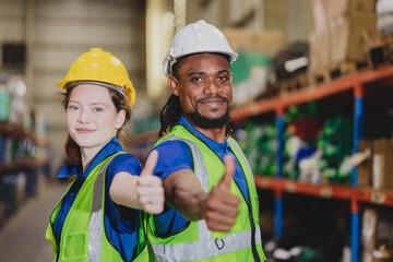 smart confident warehouse worker team portrait multiracial standing together happy smiling for...