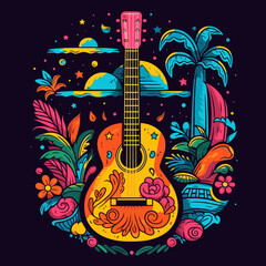 Obraz na płótnie Canvas Guitar solo abstract representation of a musical instrument with flowers and palm tree in the background. Cartoon vector illustration. 