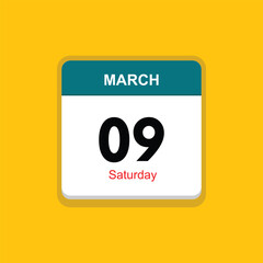 saturday 09 march icon with black background, calender icon