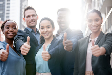 Diversity, portrait of businesspeople and thumbs up smiling in a city background with a lens flare....