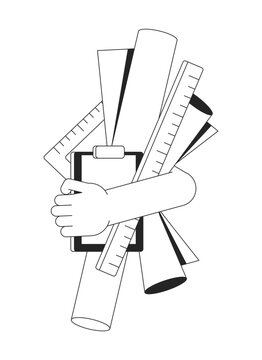 recommend clip art: Hand holds equipment flat monochrome isolated vector object. Paper, scrolls, rulers and tablet. Editable black and white line art drawing. Simple outline spot illustration for web graphic design