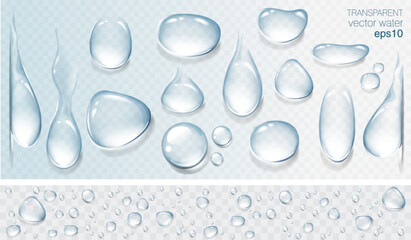 Realistic transparent water drops set. Rain drops on the glass. Isolated vector illustration