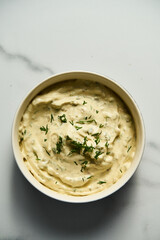 Classic Tartar Sauce dip in the bowl. Mayonnaise with dill and capers plus lemon, shallot onion. Worcester sauce and Dijon Mustard. 