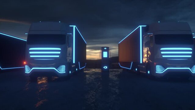 Electric Trucks charging at logistics center. Electric car charging