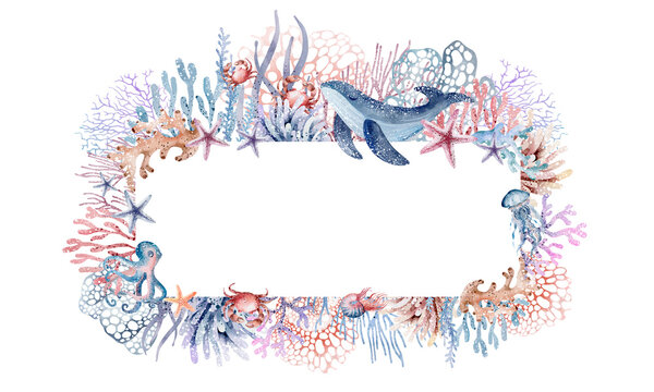 Frame with sea animals. Postcard frame with starfish, whales, crabs, jellyfish, corals, fish, turtles. Watercolor illustration, hand drawn style. Marine theme. Invitation templates