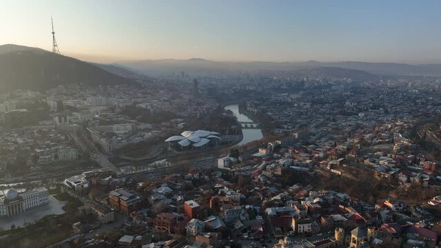 Morning cityscape of Tbilisi city. Georgia 2024 winter