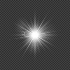 Fototapeta premium A sparkling and shining star, a bright flash of lights with radiation. A bright, sparkling white element with highlights and rays on a dark transparent background. Vector EPS 10.