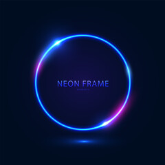 Neon round frame with lights on a dark blue background. Abstract futuristic geometric neon light background. Vector illustration.