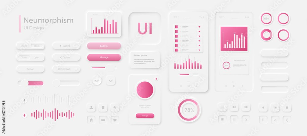Poster a set of user interface elements for a mobile application in white and pink style. user interface ic
