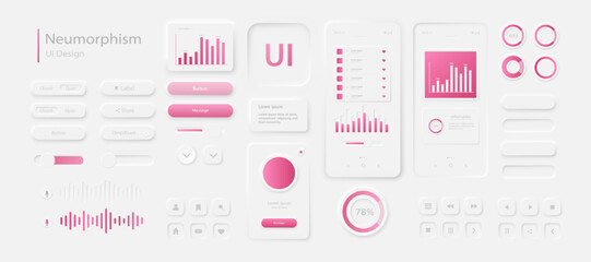 A set of user interface elements for a mobile application in white and pink style. User interface icons for the Internet, social networks and business. Vector illustration.