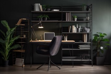 interior workplace shelf desktop lamp office home technology space lifestyle style beautiful. Generative AI.