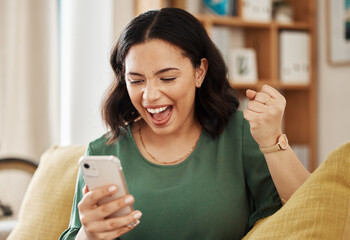 Phone, winning and celebrate, happy woman on sofa with notification on bonus, deal or discount...