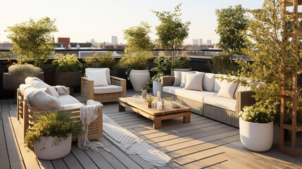 A modern rooftop garden with sleek outdoor furniture, contemporary planters, and stylish garden decor Generative AI