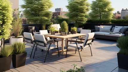 A modern rooftop garden with sleek outdoor furniture, contemporary planters, and stylish garden decor Generative AI