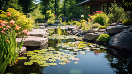 Fototapeta na wymiar A serene water garden with a tranquil pond, elegant water lilies, and water-inspired garden decor Generative AI