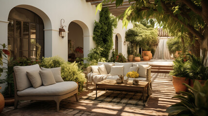 Fototapeta premium A cozy courtyard garden with a bubbling fountain, comfortable seating, and inviting garden decor Generative AI