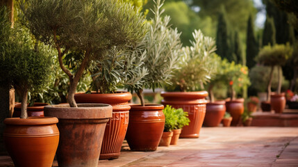 Fototapeta premium A Mediterranean-inspired garden with terracotta pots, olive trees, and Mediterranean garden decor Generative AI