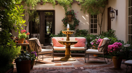 Fototapeta na wymiar A cozy courtyard garden with a bubbling fountain, comfortable seating, and inviting garden decor Generative AI