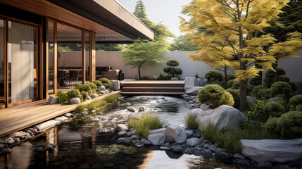 Fototapeta na wymiar A modern Japanese garden with clean lines, bamboo accents, and contemporary garden decor Generative AI