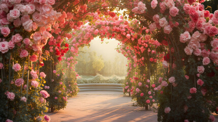 A romantic rose garden filled with blooming roses, romantic archways, and romantic garden decor Generative AI - obrazy, fototapety, plakaty