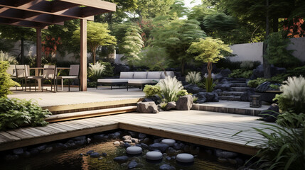 A modern Japanese garden with clean lines, bamboo accents, and contemporary garden decor Generative AI