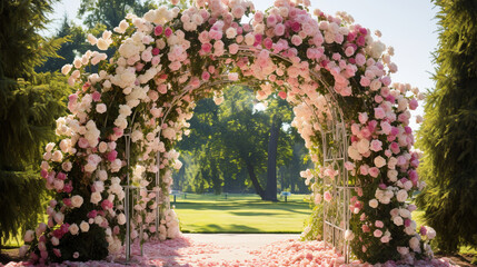 A romantic rose garden filled with blooming roses, romantic archways, and romantic garden decor Generative AI