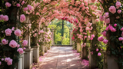 A romantic rose garden filled with blooming roses, romantic archways, and romantic garden decor Generative AI - obrazy, fototapety, plakaty