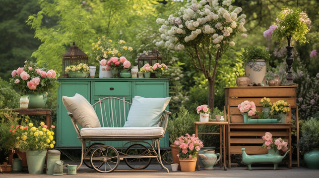 A vintage-inspired garden with antique garden furniture, vintage planters, and retro garden decor Generative AI