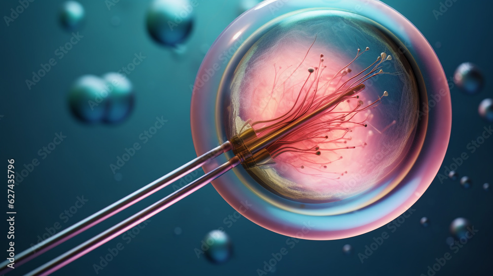 Wall mural ivf, in vitro fertilisation. fertilized egg cell and needle realistic illustration