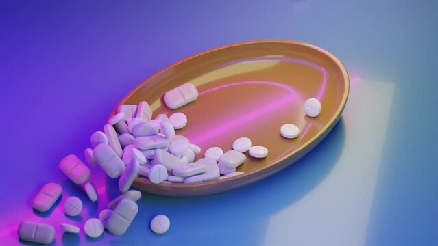 A 3D illustration of pills falling into a bowl under a colorful moving light.