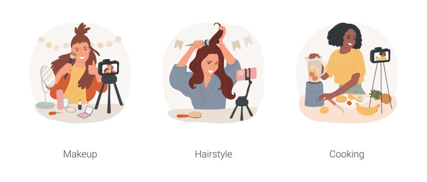 Video tutorials isolated cartoon vector illustration set. Cheerful teenage girl recording makeup tutorial, giving styling tips on vlog, food blogger filming cooking classes vector cartoon.