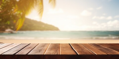 AI Generated. AI Generative. Empty wooden table mockup vacation palms. Graphic Art