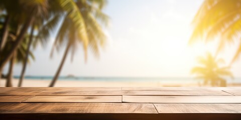 AI Generated. AI Generative. Empty wooden table mockup vacation palms. Outdoor relaxing island nature landscape vibe