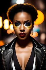 Naklejka na ściany i meble Close-up portrait of a black model with carnival make-up at a Halloween carnival at night