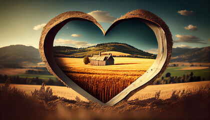 Love shape with rural background, Ai generated image
