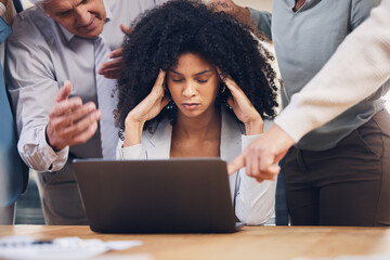 Stress, chaos and black woman with headache from multitasking, workload and team pressure in office. Burnout, fail and corporate manager with anxiety, mistake and deadline, problem or online glitch
