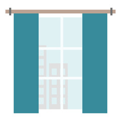 Window with long curtains, view on sky and silhouettes of houses, interior design element, vector